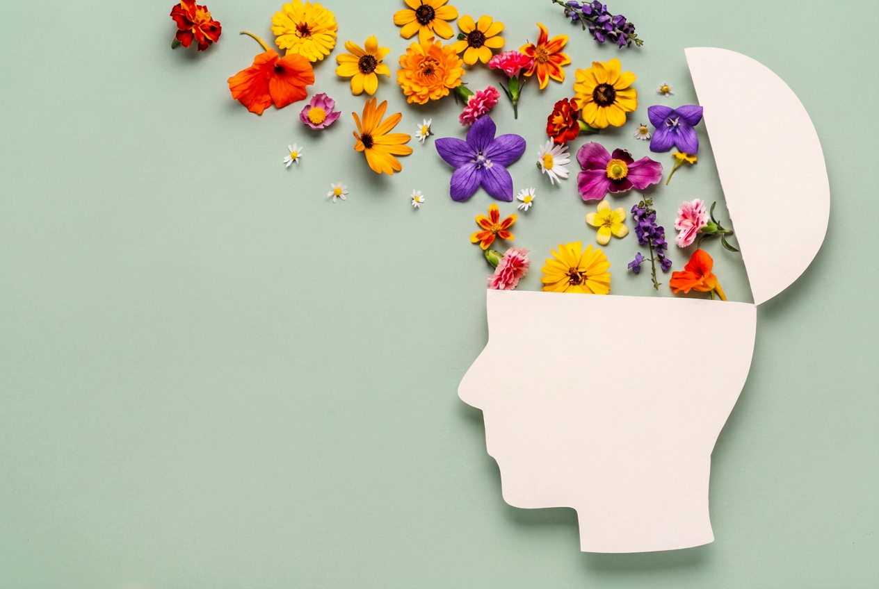 Paper cutout of a head opening to release a burst of colorful wildflowers on a soft lavender background — a symbol of mental wellness and flourishing.
