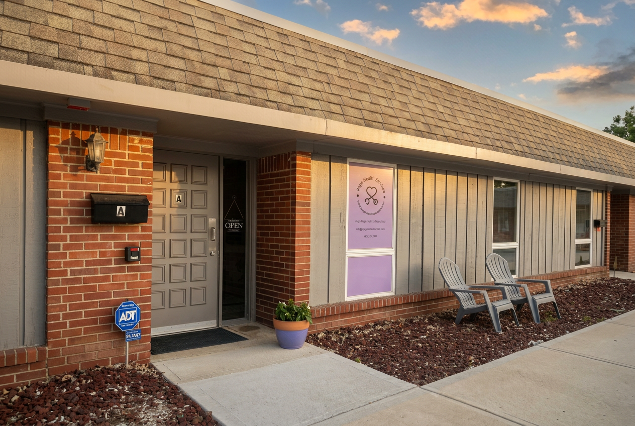Front entrance of Page Health Services — Suite A with the purple Page Health Services window sign, gray front door, and Adirondack chairs outside.
