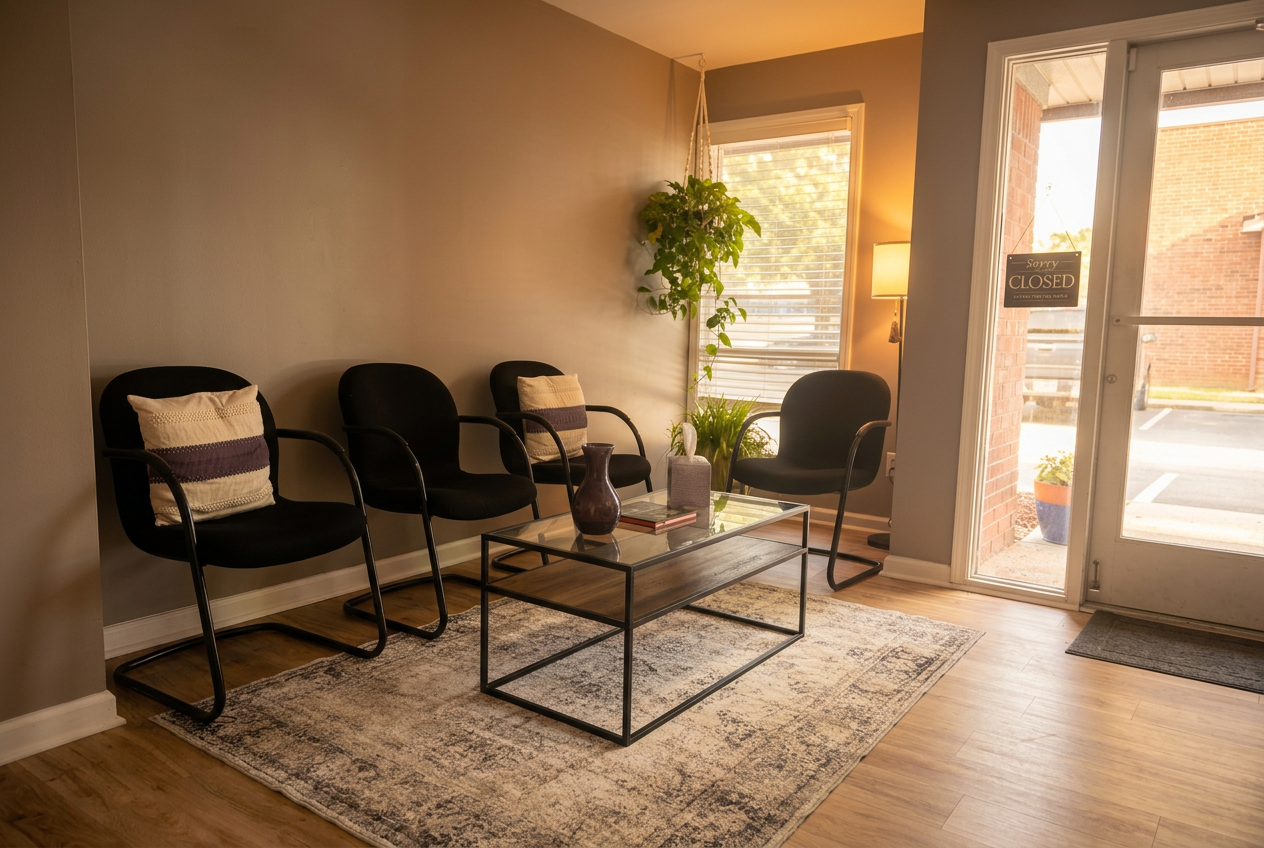 Warm, welcoming Page Health Services waiting room with black chairs, a plant-filled corner, and soft golden light through the window.