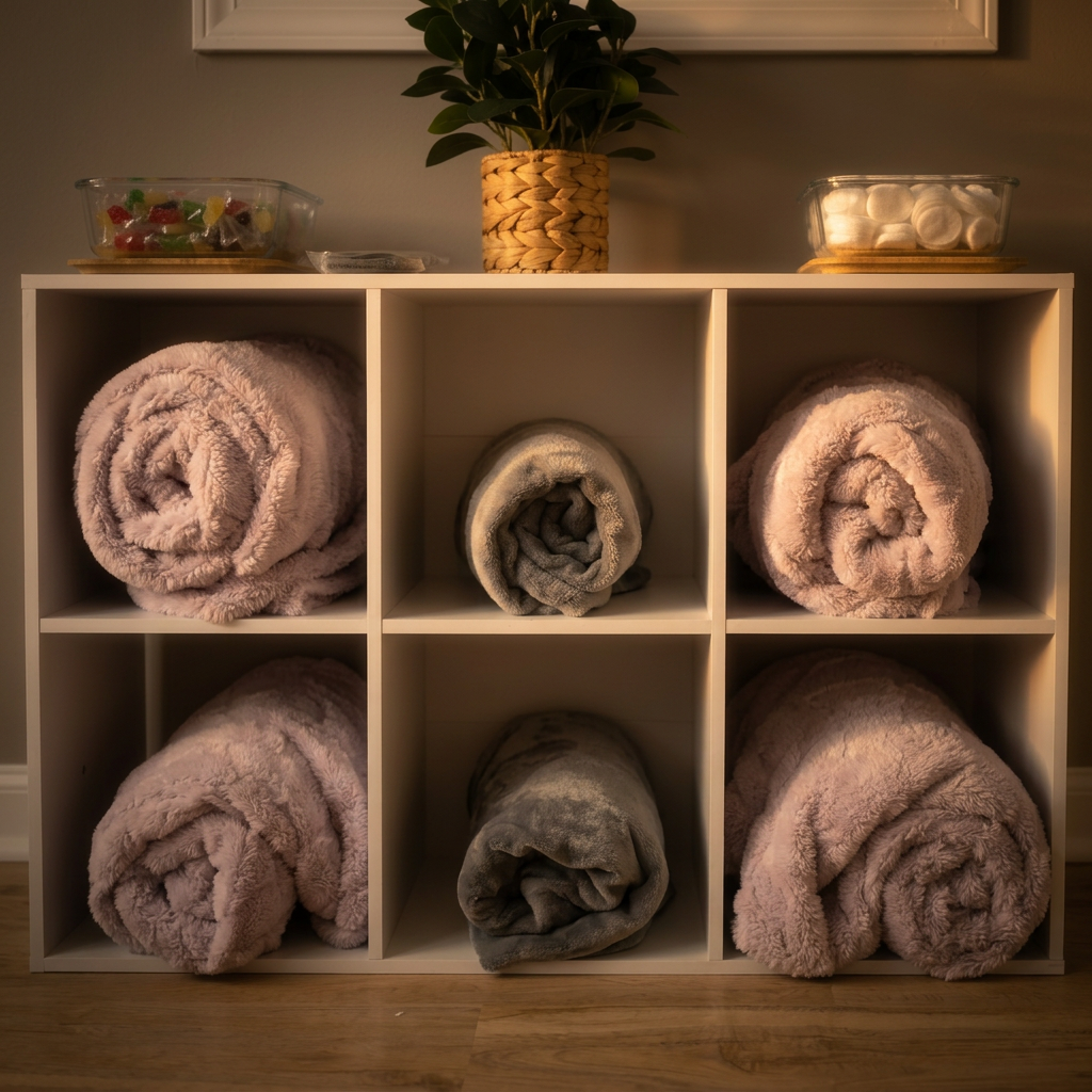 Cubby shelf stocked with plush lavender and gray blankets for patient comfort.