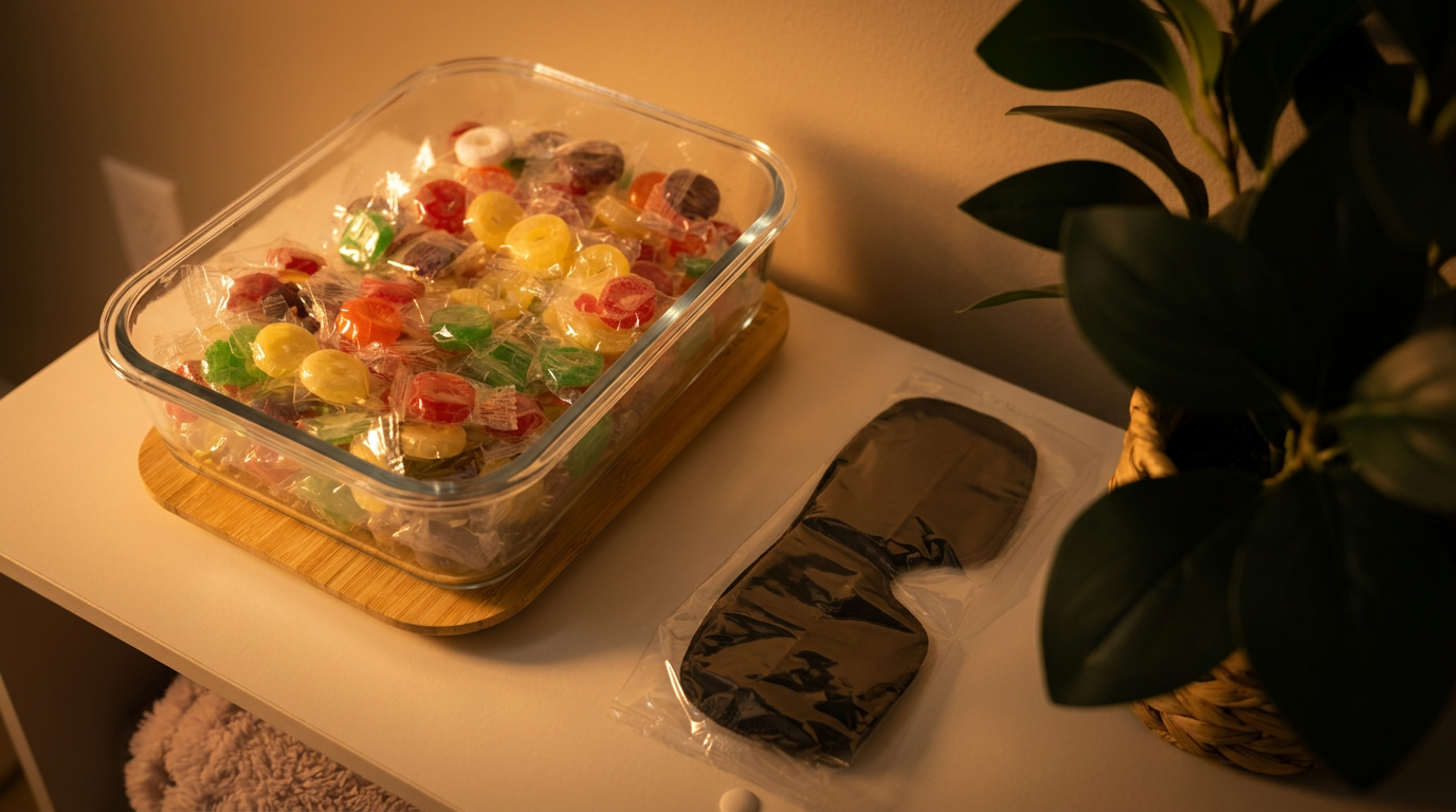 Glass dish of colorful wrapped candies beside a fresh eye mask on a warmly lit side table.